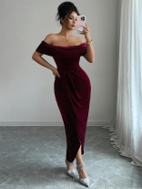 WineRed Off Shoulder Vevelt Fashion Pleated Slit Midi Dress