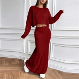 Red Knit Long Sleeve Cardigan Two Pieces Sweaters Long Skirt Dress Sets