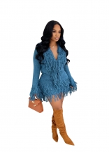 Blue Tassels Knitted Two Pieces Women Street Casual Party Mini Skirt Dress