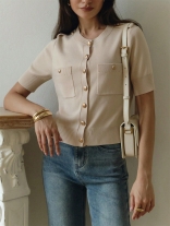 Khaki Short Sleeve Single Breasted Knitted Women's O-Neck Cardigan Coat