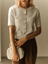 White Short Sleeve Single Breasted Knitted Women's O-Neck Cardigan Coat