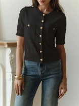 Black Short Sleeve Single Breasted Knitted Women's O-Neck Cardigan Coat