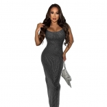 Black Off Shoulder Low Cut Diamonds Sexy Bodycon Evening Long Dress