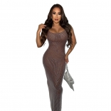 Coffee Off Shoulder Low Cut Diamonds Sexy Bodycon Evening Long Dress