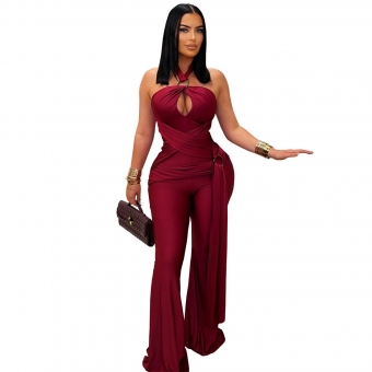 Red Off Shoulder Cut Out Halter Snatched Bodycon Sexy Party Jumpsuit