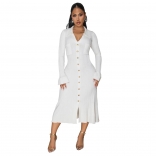 White Long Sleeve Knitted Single Breasted Office Lady Midi Dress