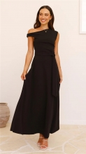 Black O Neck Lace Up Women's Office Clothing Solid Pleated Maxi Dress