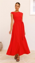 Red O Neck Lace Up Women's Office Clothing Solid Pleated Maxi Dress