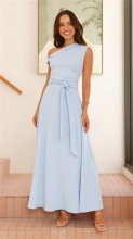 Light Blue O Neck Lace Up Women's Office Clothing Solid Pleated Maxi Dress