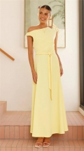 Yellow O Neck Lace Up Women's Office Clothing Solid Pleated Maxi Dress