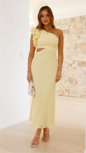 Yellow One Shoulder Ruffles Cut Out Pleated Women Evening Party Long Dress