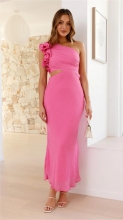 Rose Red One Shoulder Ruffles Cut Out Pleated Women Evening Party Long Dress