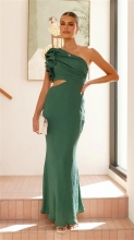 Green One Shoulder Ruffles Cut Out Pleated Women Evening Party Long Dress