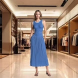 Black O Neck Sleeveless Pearls Knitted Women Fashion Hollow Party Long Dress