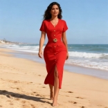 Red Short Sleeve V Neck Knitted Single Breasted Bodycon Split Midi Dress