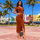 Brown Short Sleeve V Neck Knitted Single Breasted Bodycon Split Midi Dress