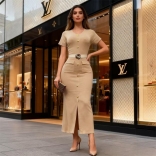 Khaki Short Sleeve V Neck Knitted Single Breasted Bodycon Split Midi Dress