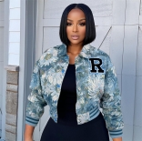 Blue Printed Vintage Fall & Winter Casual Short Jacket