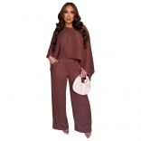 Brown Irregular Two Pieces Women Folds Wide Leg Pant Sets Dress