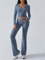 Blue V Neck Knit Crop Tops Two Pieces Women Casual Sports Pant Sets