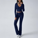 Royal Blue V Neck Knit Crop Tops Two Pieces Women Casual Sports Pant Sets