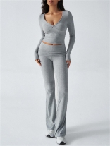 Gray V Neck Knit Crop Tops Two Pieces Women Casual Sports Pant Sets
