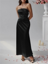 Black Off Shoulder Satin Elegant Women Party Formal Long Dress