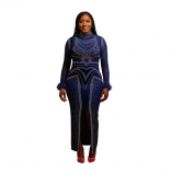 Royal Blue Long Sleeve Diamonds Split Elegant Women Party Club Dress