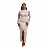 White Long Sleeve Diamonds Split Elegant Women Party Club Dress