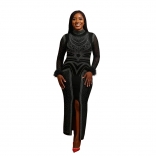 Black Long Sleeve Diamonds Split Elegant Women Party Club Dress