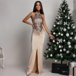 Beige Halter Neck Sequins Satin Elegent Women Evening Long Formal Dress