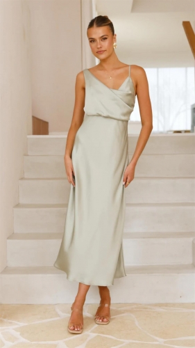Light Green Straps Low Cut Pleated Luxury Satin Birthday Midi Dress