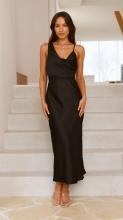 Black Straps Low Cut Pleated Luxury Satin Birthday Midi Dress
