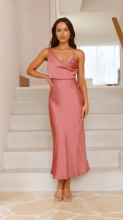 Dark Pink Straps Low Cut Pleated Luxury Satin Birthday Midi Dress