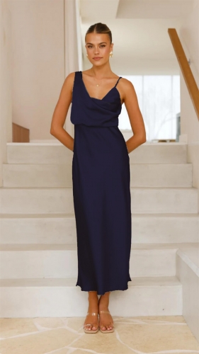 Royal Blue Straps Low Cut Pleated Luxury Satin Birthday Midi Dress