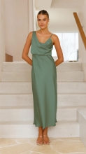 Green Straps Low Cut Pleated Luxury Satin Birthday Midi Dress