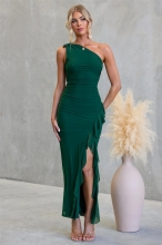 Green Mesh One Shoulder Pleated Ruffles High Split Evening Party Long Dress