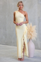 Yellow Mesh One Shoulder Pleated Ruffles High Split Evening Party Long Dress