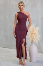 Wine Red Mesh One Shoulder Pleated Ruffles High Split Evening Party Long Dress