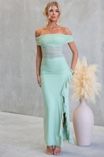 Green Mesh Off Shoulder Pleated Ruffles High Split Evening Party Long Dress