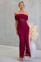 Red Mesh Off Shoulder Pleated Ruffles High Split Evening Party Long Dress