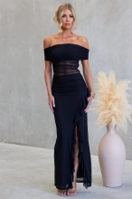 Black Mesh Off Shoulder Pleated Ruffles High Split Evening Party Long Dress