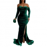 Green Strapless Long Sleeve Low Cut Velvet High Split Evening Long Dress