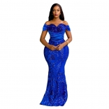 Blue Strapless Sequins V Neck Elegant Women Formal Birthday Party Dress