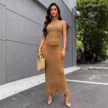 Brown Sleeveless Two Pieces Knit Hollow Out Tassels Women Casual Skirt Sets Dress