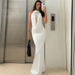 White Lace Deep V Neck Hollow Out Bodycon Evening Prom Maxi Dress