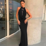 Black Lace Deep V Neck Hollow Out Bodycon Evening Prom Maxi Dress