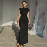 Black Folds Elegant Women Evening Party Lace Up Pleated Formal Dress