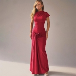 Red Folds Elegant Women Evening Party Lace Up Pleated Formal Dress