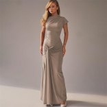 Nude Folds Elegant Women Evening Party Lace Up Pleated Formal Dress